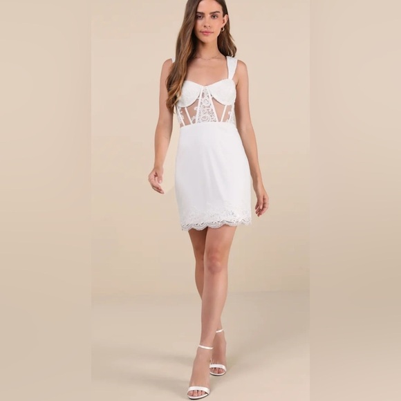 Lulus Medium Coveted Delight White Sequin Mesh Embroidered Bustier Mini Dress - Picture 1 of 12